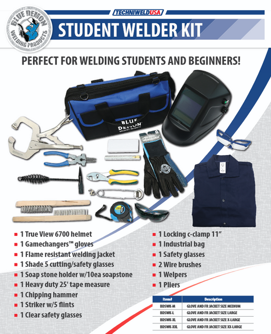 Student welder kit with tools and equipment on a white background