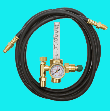 Welding flowmeter regulator with 6-inch hose for Argon/CO2 gas control, brass piston design, and pressure gauge.