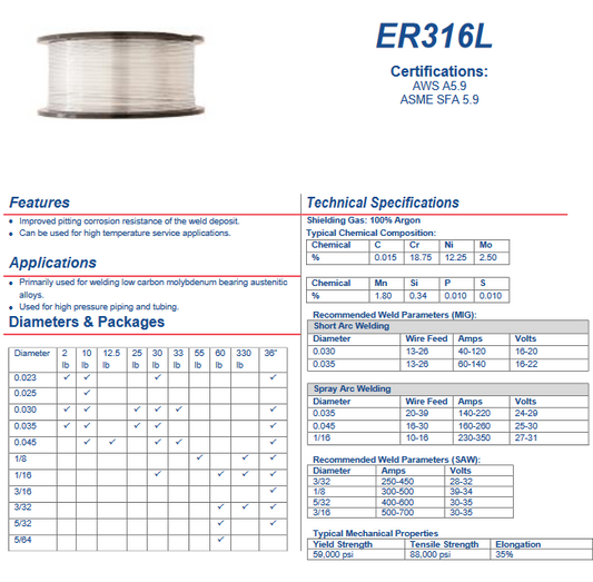 Stainless Steel Welding Wire / Filler Metal -ER 316LSI / 316LHS MIG Welding - .035 DIAMETER 25LB SPOOL ISO G19123LSi - welding electrodes, Grinding Disc, Welding Lens, Cutting Tip, Cutting Wheels, Flap Disc, Heating Tip, Welding Gloves, MIG Gun - Welding Helmet, Welding Wire - USA Welding Supply