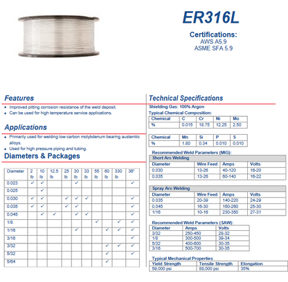Stainless Steel Welding Wire / Filler Metal -ER316L .045 DIAMETER - 25 LB SPOOL - ISO G19123L - welding electrodes, Grinding Disc, Welding Lens, Cutting Tip, Cutting Wheels, Flap Disc, Heating Tip, Welding Gloves, MIG Gun - Welding Helmet, Welding Wire - USA Welding Supply