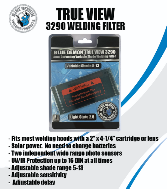 Blue Demon True View 3290 autodarkening welding filter packaging with product details.