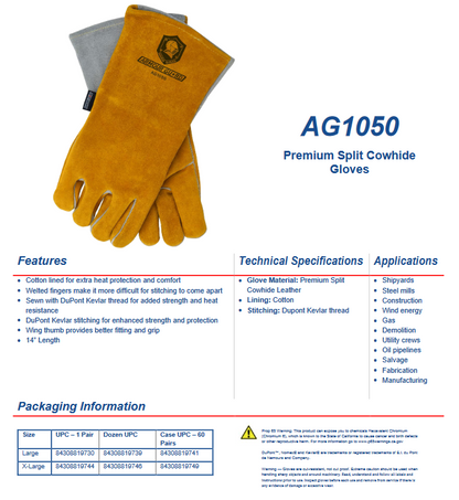 Stick Welding Gloves - 14" Premium Split Cowhide Stick Welding Glove - AG1050 - welding electrodes, Grinding Disc, Welding Lens, Cutting Tip, Cutting Wheels, Flap Disc, Heating Tip, Welding Gloves, MIG Gun - Welding Helmet, Welding Wire - USA Welding Supply