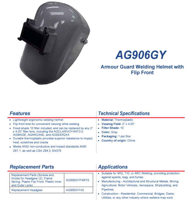 Welding Helmet - Armour Guard Panther - Gray Thermoplastic - 2" x 4.25" with Flip-Visor - welding electrodes, Grinding Disc, Welding Lens, Cutting Tip, Cutting Wheels, Flap Disc, Heating Tip, Welding Gloves, MIG Gun - Welding Helmet, Welding Wire - USA Welding Supply