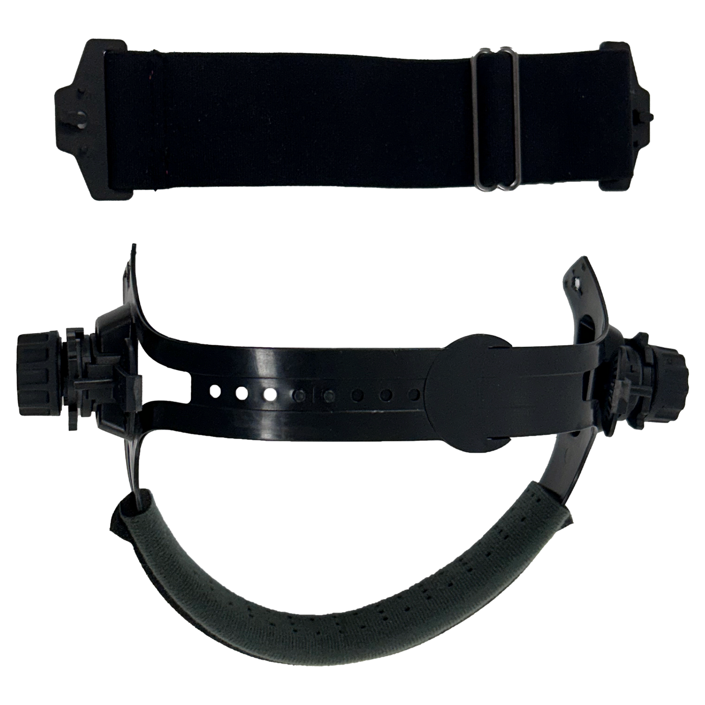 Replacement ratcheting headgear for Sugar Scoop welding helmet with adjustable side knobs and cushioned sleeve for comfort