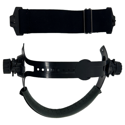 Replacement ratcheting headgear for Sugar Scoop welding helmet with adjustable side knobs and cushioned sleeve for comfort