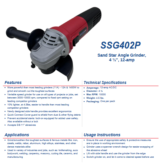 Angle Grinder - Sand Star Variable Speed with Lock, 4-1/2-Inch, 12-Amp for Grinding Discs - welding electrodes, Grinding Disc, Welding Lens, Cutting Tip, Cutting Wheels, Flap Disc, Heating Tip, Welding Gloves, MIG Gun - Welding Helmet, Welding Wire - USA Welding Supply