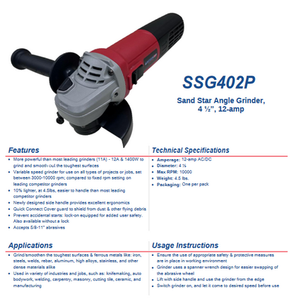 Angle Grinder - Sand Star Variable Speed with Lock, 4-1/2-Inch, 12-Amp for Grinding Discs - welding electrodes, Grinding Disc, Welding Lens, Cutting Tip, Cutting Wheels, Flap Disc, Heating Tip, Welding Gloves, MIG Gun - Welding Helmet, Welding Wire - USA Welding Supply