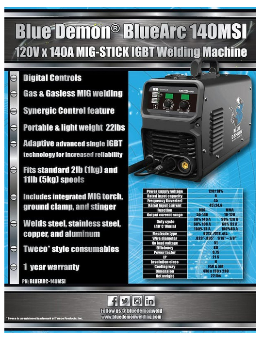Welder - Bluearc 140msi, Inverter Welding Machine, MIG And Stick Capable SPEC SHEET
