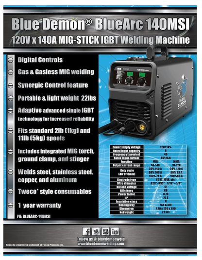 Welder - Bluearc 140msi, Inverter Welding Machine, MIG And Stick Capable SPEC SHEET

