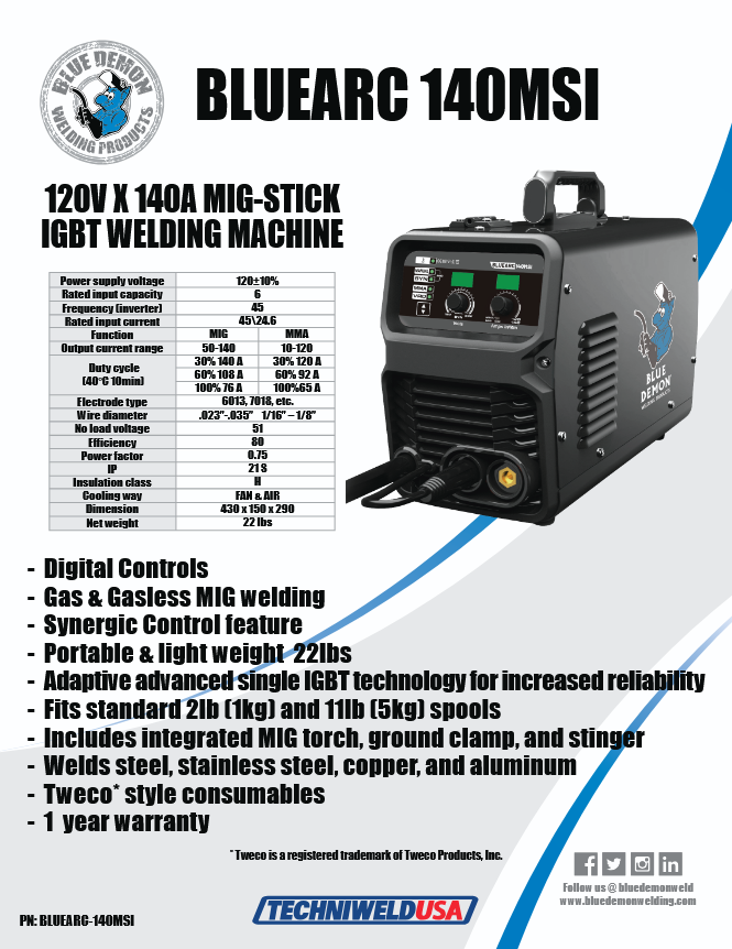 Welder - Bluearc 140msi, Inverter Welding Machine, MIG And Stick Capable SPEC SHEET