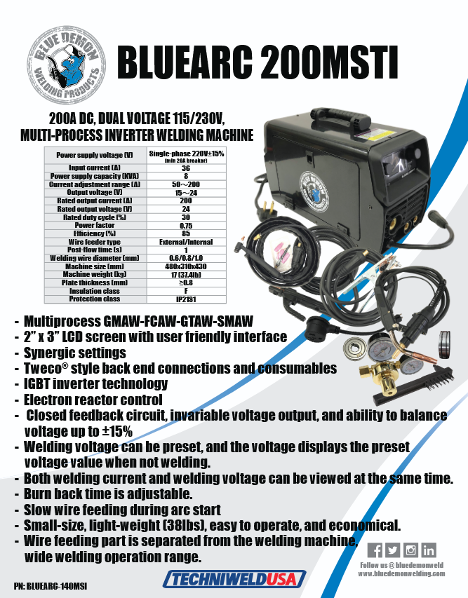 Bluearc 200msti Multi-Process 200a Inverter Welding Machine, LCD Screen