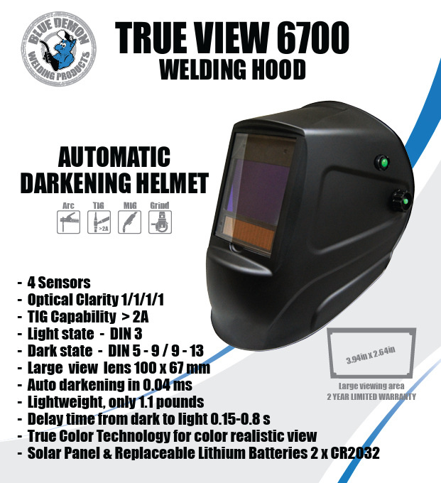 WELDING HELMET - MATTE BLACK - TRUE VIEW 6700 WELDING HOOD - BLUE DEMON - welding electrodes, Grinding Disc, Welding Lens, Cutting Tip, Cutting Wheels, Flap Disc, Heating Tip, Welding Gloves, MIG Gun - Welding Helmet, Welding Wire - USA Welding Supply