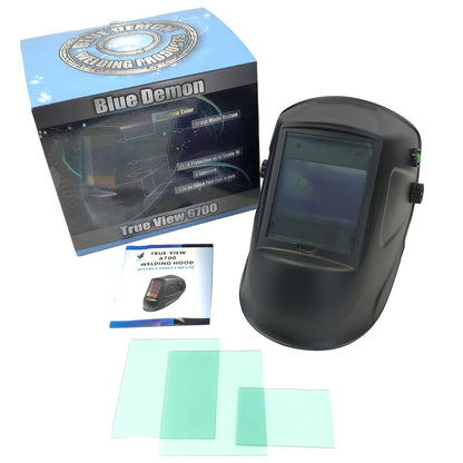 Welding helmet with Blue Demon packaging and additional filters on a white background