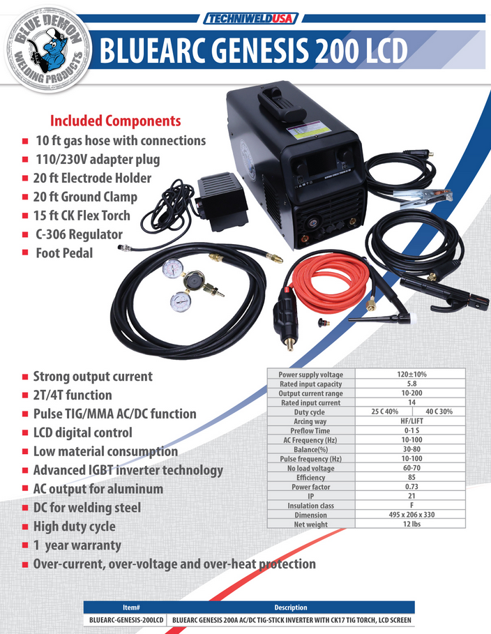 Welding Machine - Bluearc Genesis 200a Ac/Dc Tig-Stick Inverter With Ck17 Tig Torch, Lcd Screen