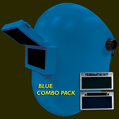 Blue welding helmet with flip-front visor and auto-darkening lens combo pack