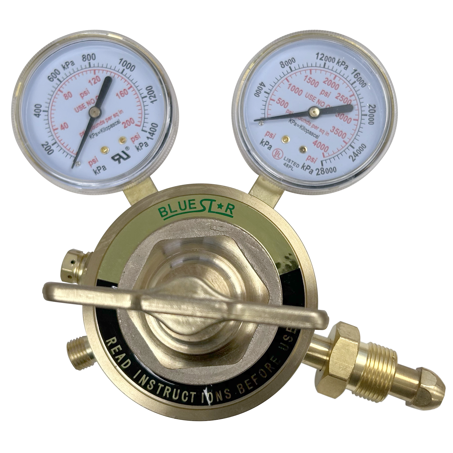 Blue Star 450 Series single-stage welding regulator with CGA-580 connection and large pressure gauges