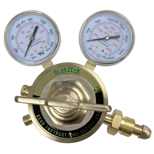Blue Star 450 Series single-stage welding regulator with CGA-580 connection and large pressure gauges