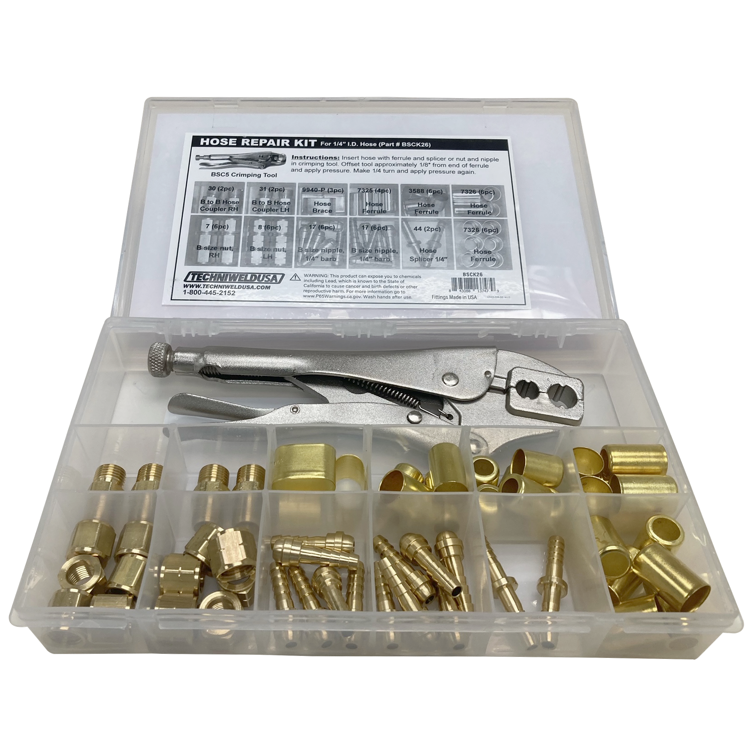 Welding Hose repair kit with tools and brass connectors in a clear plastic box on a white background