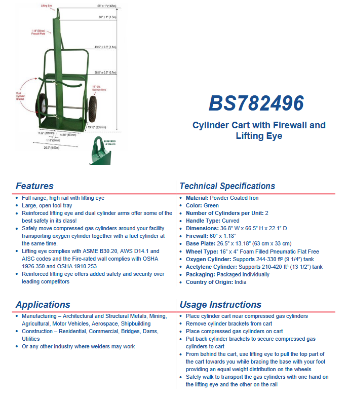 Blue Star Cylinder Cart with Firewall & Lifting Eye, 16" Flat Free Tires