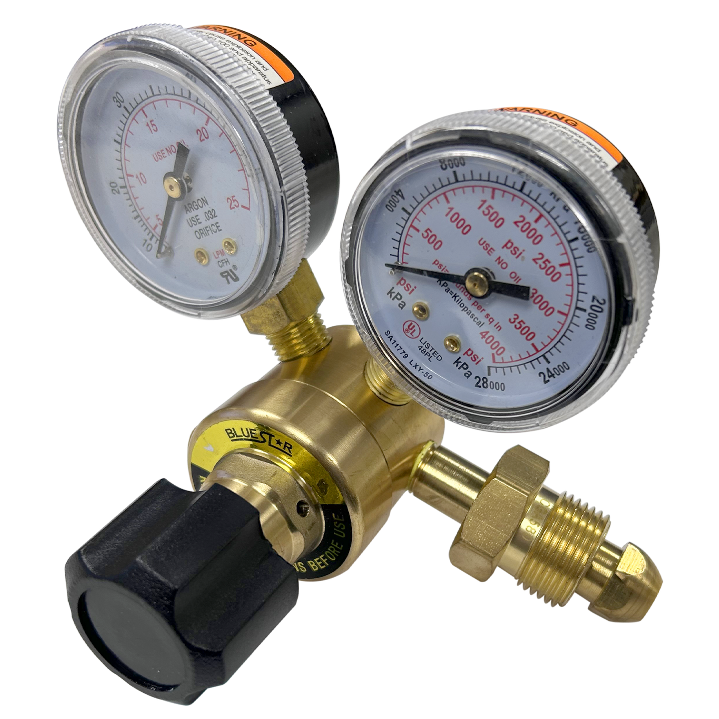 Blue Star MIG Flow Gauge Regulator with dual gauges and CGA-580 connection for 5-50 SCFH shielding gas flow control