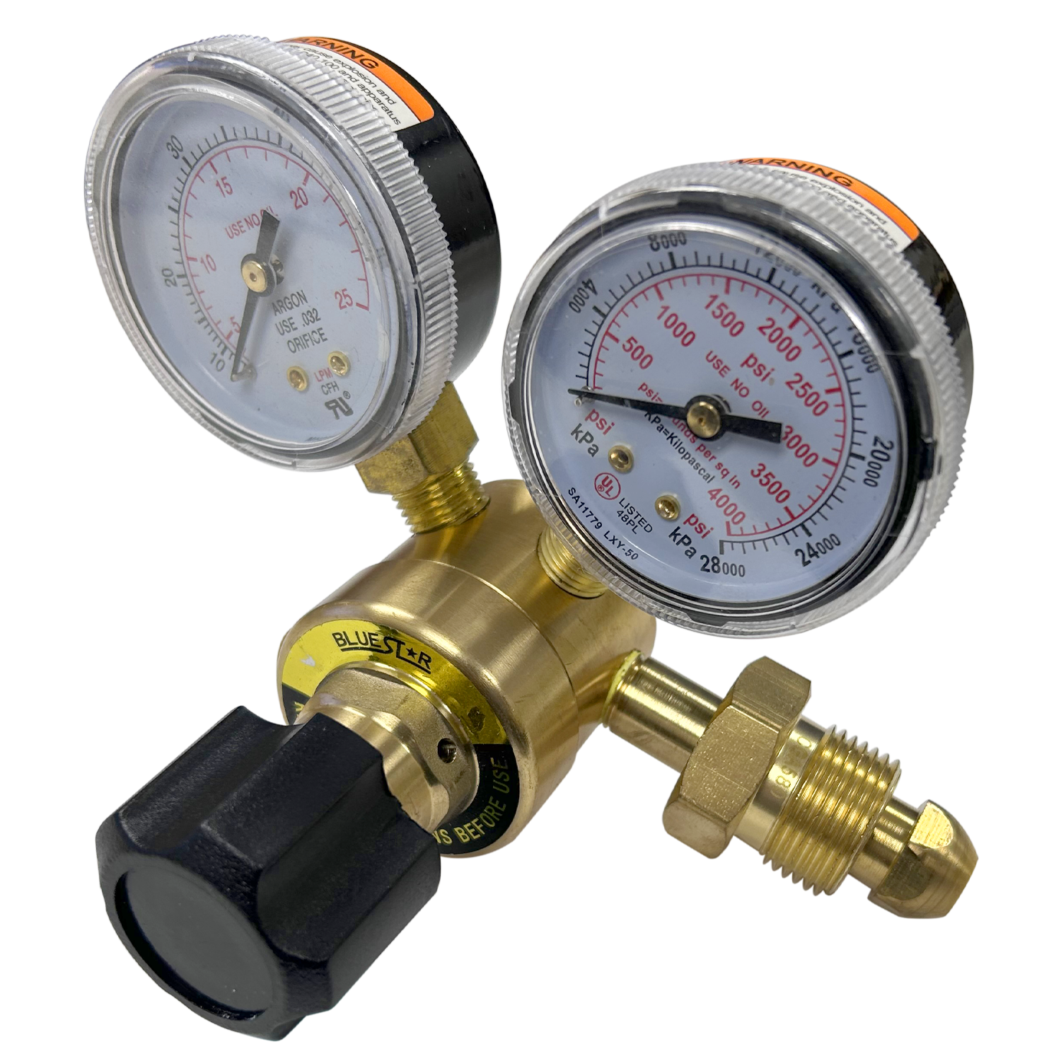 Blue Star MIG Flow Gauge Regulator with dual gauges and CGA-580 connection for 5-50 SCFH shielding gas flow control