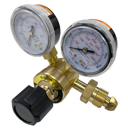 Blue Star MIG Flow Gauge Regulator with dual gauges and CGA-580 connection for 5-50 SCFH shielding gas flow control