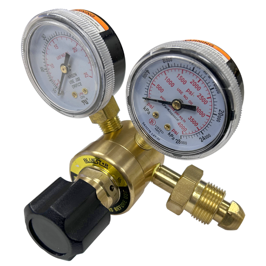 Blue Star MIG Flow Gauge Regulator with dual gauges and CGA-580 connection for 5-50 SCFH shielding gas flow control