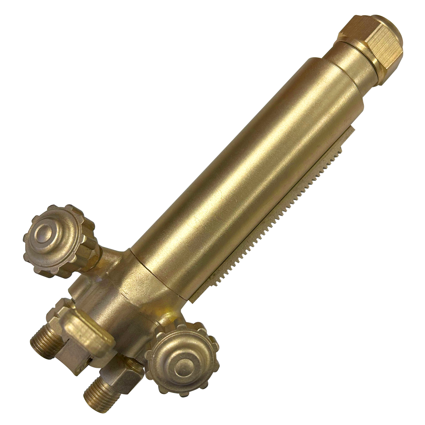 Close-up of a brass oxy-fuel cutting torch handle featuring gas control knobs, threaded inlet fittings, and a ribbed grip for welding, brazing, and metal cutting applications.