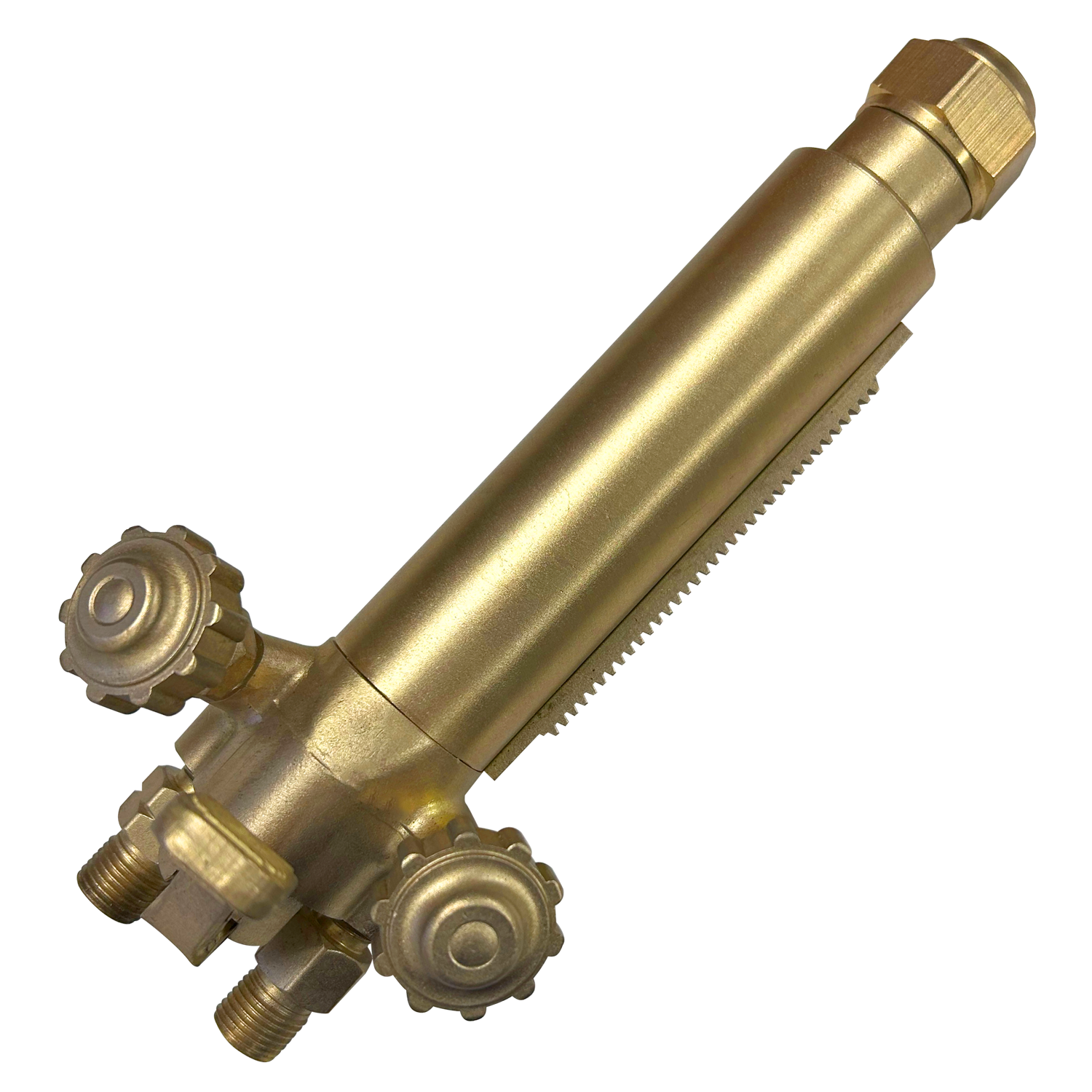 Close-up of a brass oxy-fuel cutting torch handle featuring gas control knobs, threaded inlet fittings, and a ribbed grip for welding, brazing, and metal cutting applications.