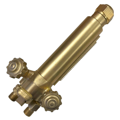 Close-up of a brass oxy-fuel cutting torch handle featuring gas control knobs, threaded inlet fittings, and a ribbed grip for welding, brazing, and metal cutting applications.