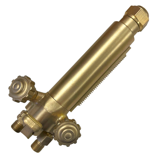 Close-up of a brass oxy-fuel cutting torch handle featuring gas control knobs, threaded inlet fittings, and a ribbed grip for welding, brazing, and metal cutting applications.