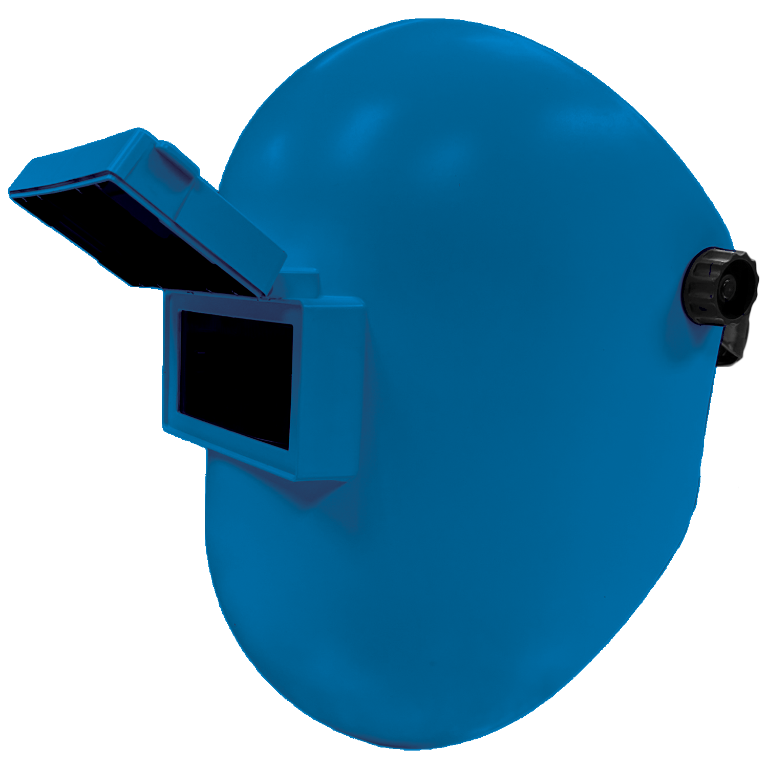 Blue fiberglass Sugar Scoop welding helmet with flip-up visor and fixed shade 10 filter, ergonomic design for comfort and tight spaces