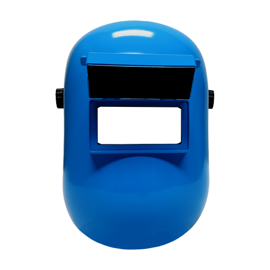Blue welding helmet with flip-up visor and fiberglass sugar scoop design, 2 x 4.25-inch viewing window, lightweight and impact resistant shell