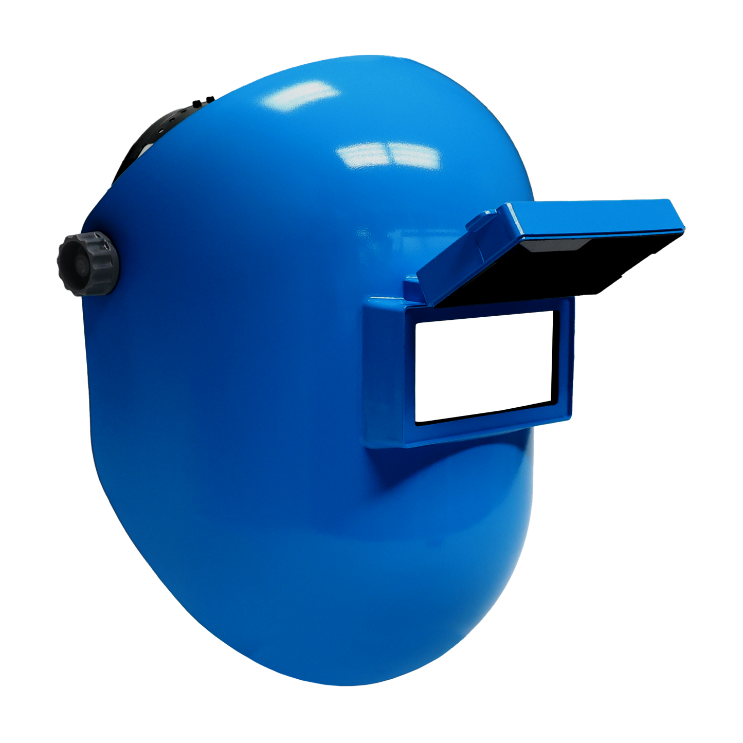 Blue fiberglass welding helmet with flip-up visor and fixed shade 10 filter, ergonomic design for comfort and tight spaces
