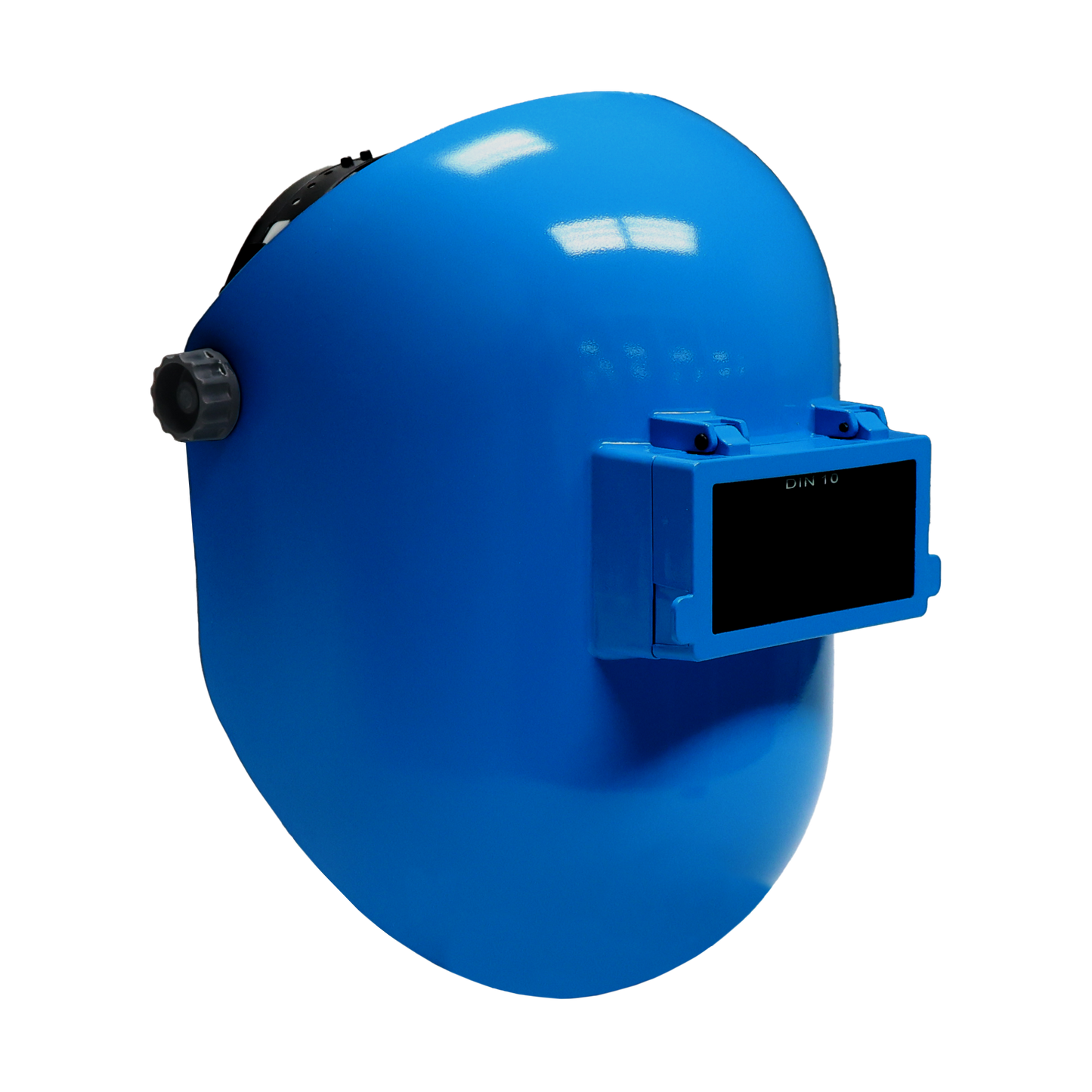 Blue fiberglass welding helmet with flip-up visor and fixed shade 10 filter, ergonomic design and impact resistant shell