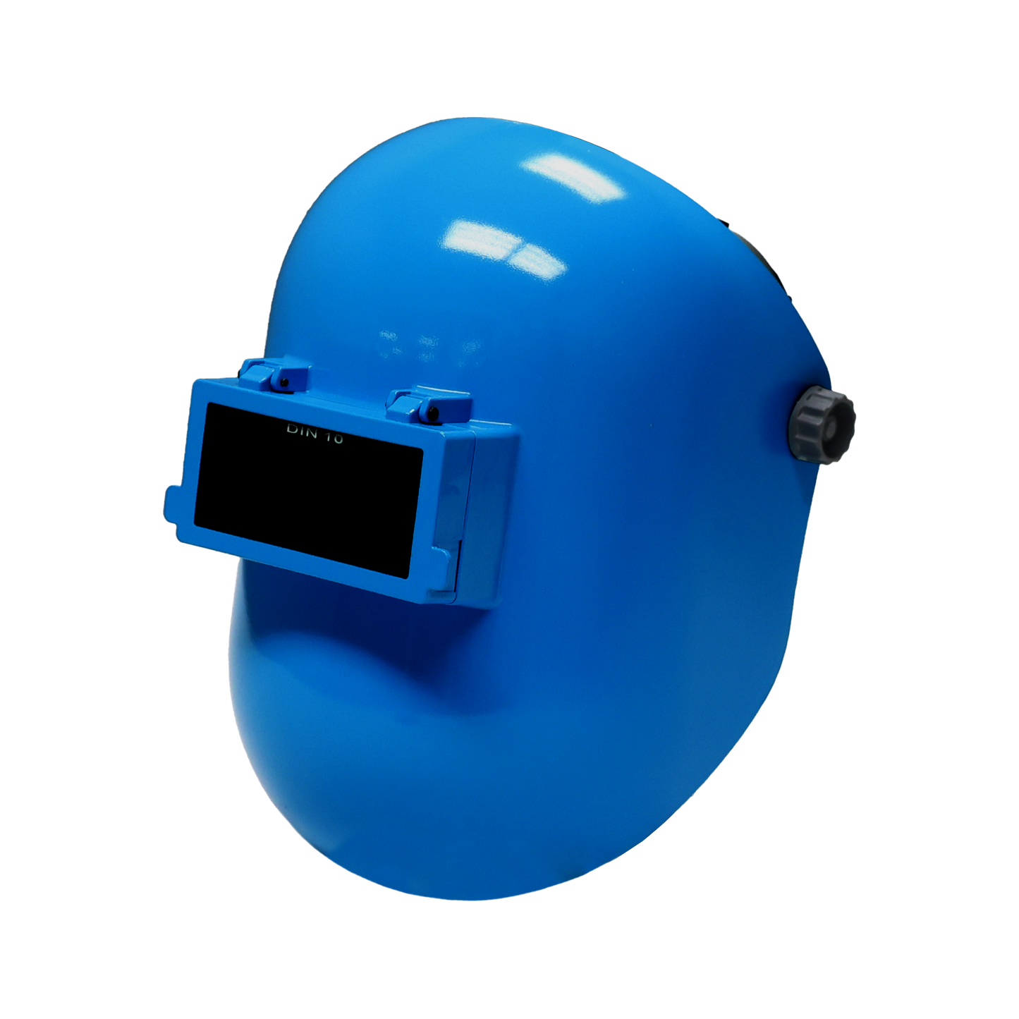 Blue fiberglass welding helmet with flip-up visor and ergonomic design