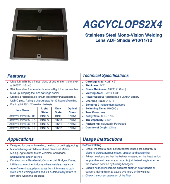Welding Lens - Cyclops Stainless Steel ADF Shade 9 - 2 Sensor Mono-Vision  2" x 4-1/4" Specification Sheet