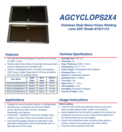 Welding Lens - Cyclops Stainless Steel ADF Shade 9 - 2 Sensor Mono-Vision  2" x 4-1/4" Specification Sheet
