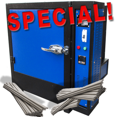 Blue and black 450-lb capacity welding electrode rod oven with 110 volt LCD control panel and included welding rods.
