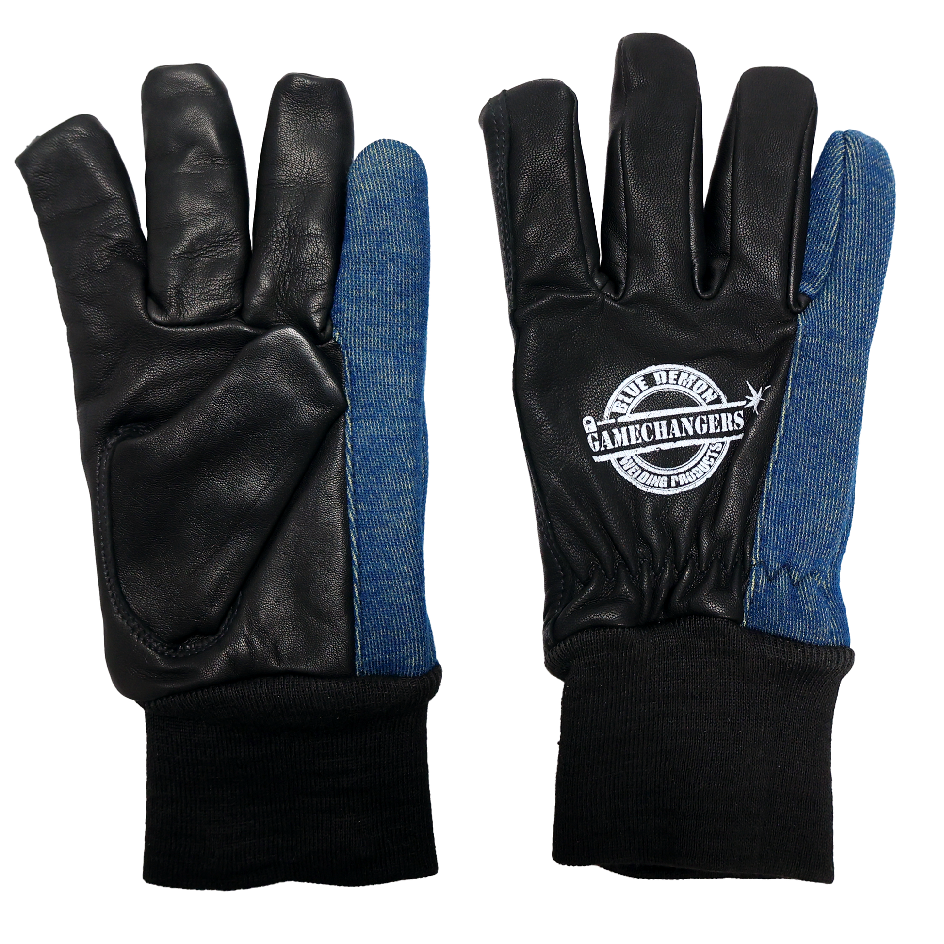 Pair of black welding gloves with blue accents and a visible brand logo of Blue Demon Welding Supplies