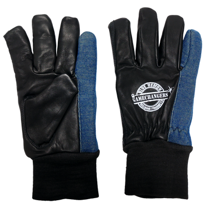 Pair of black welding gloves with blue accents and a visible brand logo of Blue Demon Welding Supplies
