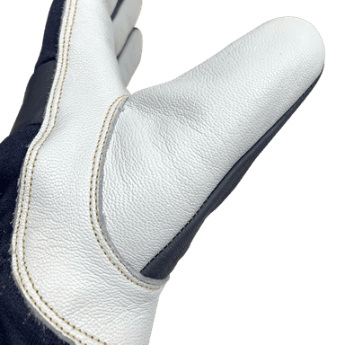 White and black leather welding glove with Kevlar stitching designed for TIG welding protection and dexterity