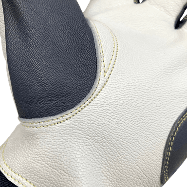 Close-up of premium goat skin leather welding glove with Kevlar stitching and drag pad reinforcement designed for TIG welding.