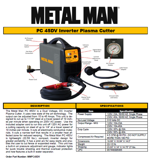 Plasma Cutter - 230V - Metal Man MMPC45DV Adjust from 15A to 45A - Welding Machines - welding electrodes, Grinding Disc, Welding Lens, Cutting Tip, Cutting Wheels, Flap Disc, Heating Tip, Welding Gloves, MIG Gun - Welding Helmet, Welding Wire - USA Welding Supply