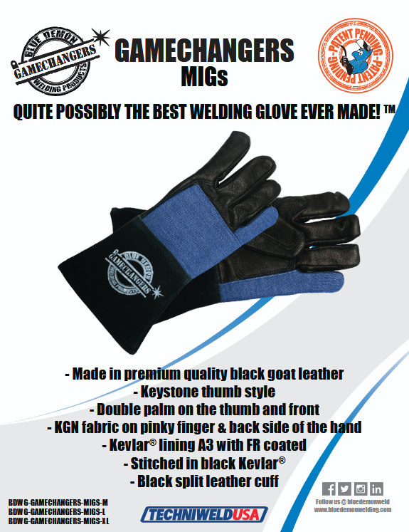 Welding glove with blue lining on a white background, featuring Gamechangers MIGs branding.