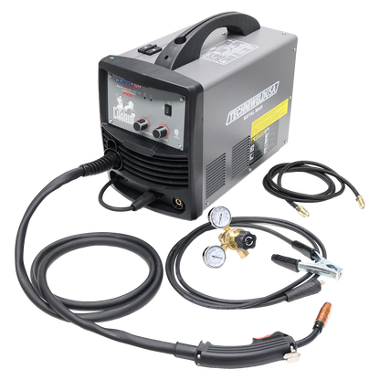 120V MIG and DC TIG Welder Metal Man Chariot 140A multi-process inverter welding machine with attached mig gun, gas hose, and regulator, portable and lightweight design