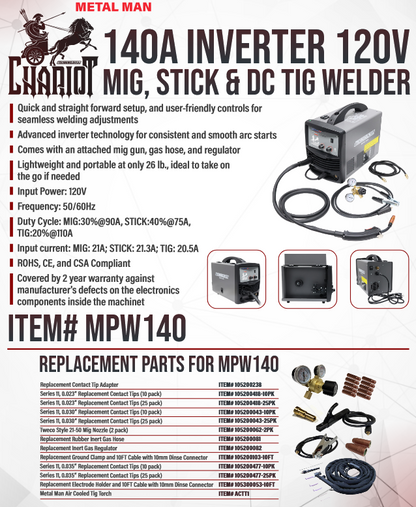 120V Metal Man Chariot 140A inverter multi-process welder with MIG, STICK, and DC TIG capabilities, portable and lightweight with user-friendly controls and included accessories