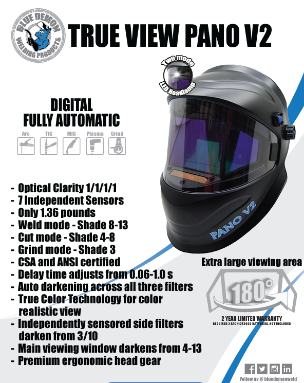 WELDING HOOD, HELMET, FULL COLOR, BLACK, LED LIGHT, TRUE VIEW PANO V2 80 DEG FOV, - welding electrodes, Grinding Disc, Welding Lens, Cutting Tip, Cutting Wheels, Flap Disc, Heating Tip, Welding Gloves, MIG Gun - Welding Helmet, Welding Wire - USA Welding Supply