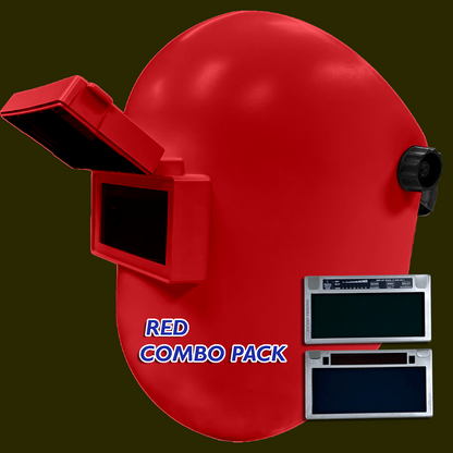 Red welding helmet with flip-front auto-darkening lens combo pack