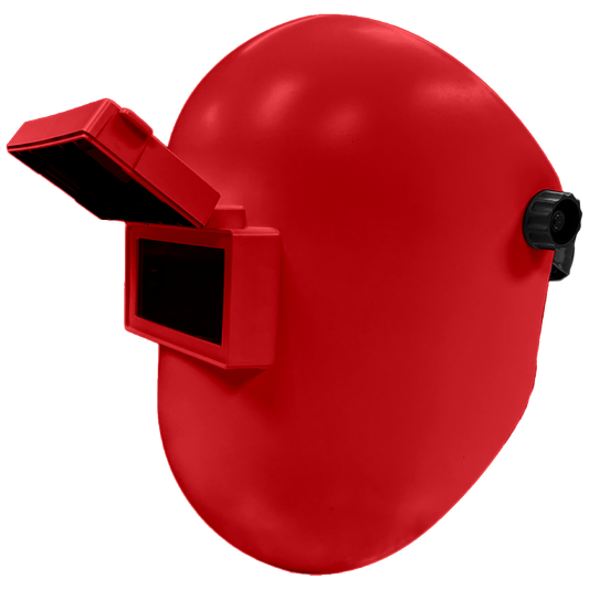 Red fiberglass welding helmet with flip-up visor and ergonomic neck fit